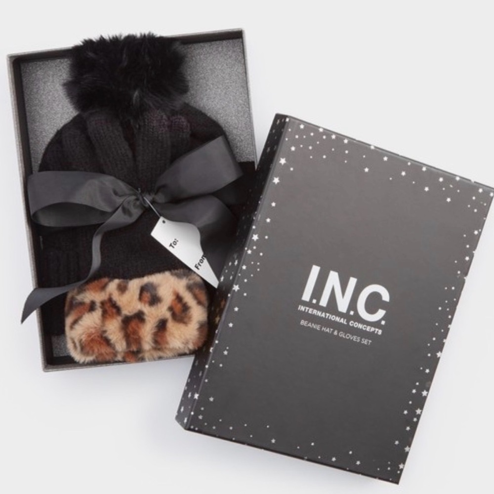 INC International Concepts Black and Leopard Print Beanie and Gloves Set